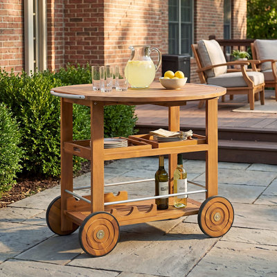 Modern Rustic Acacia Wood Outdoor Bar Cart with Foldable Top & Removable Trays
