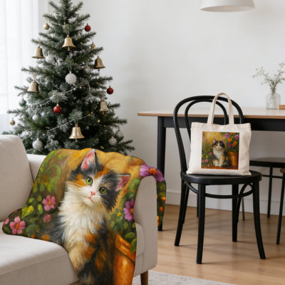 Christmas Floral Calico Kitten Art 2-Piece Cozy Gift Set: 30x40 Inch Flannel Blanket + 15.75x13.78 Inch Canvas Tote – Festive Holiday Pet-Themed Home Decor Bundle