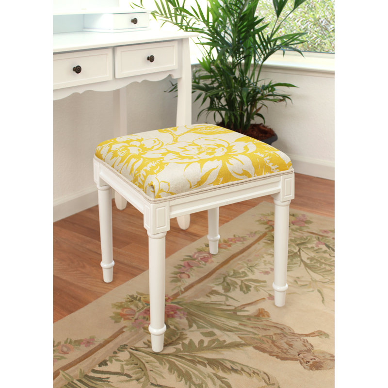 Tabouret de meuble-lavabo rembourré Camic, Blanc cassé, Jaune moutarde