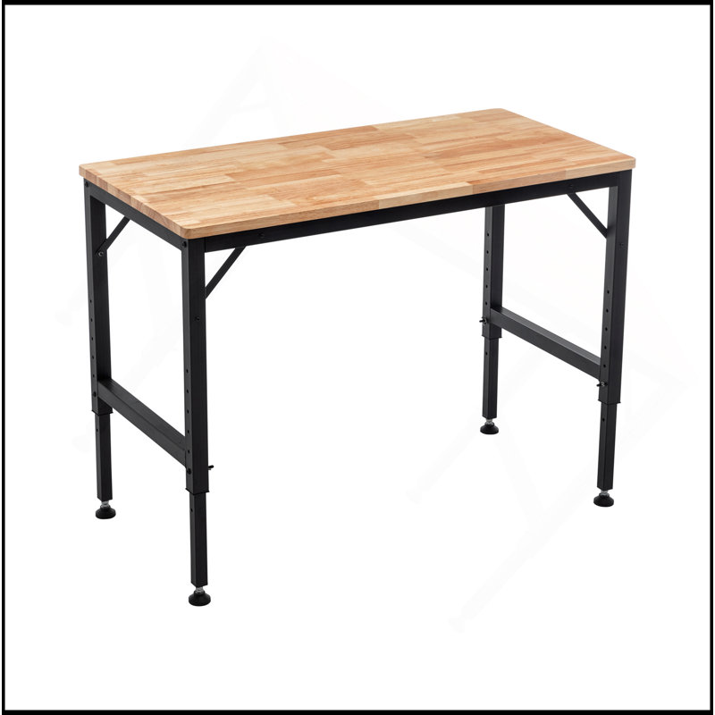 Établi réglable robuste de 48 po pour le garage, table d'atelier en bois d'hévéa avec patins en caoutchouc, poste de travail en bois franc, capacité de poids de plus de 2000 lb