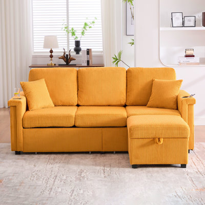 Canapé modulaire en L avec rangement escamotable, repose-pieds et coussins à 3 places avec chargement USB, porte-gobelet, conception convertible pour salon, appartement, tissu en velours côtelé