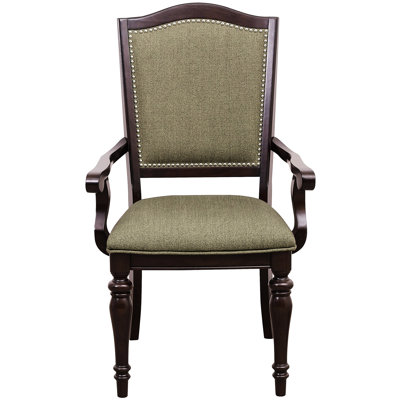 2 fauteuils en cerisier foncé avec assise et dossier rembourrés, garniture cloutée et fauteuil en bois pour l'accoudoir - Espace repas étonnant