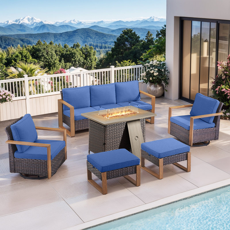 Ensemble de conversation d'extérieur 6 pièces avec fauteuils pivotants et table de foyer Aldiana, Bleu, Brun