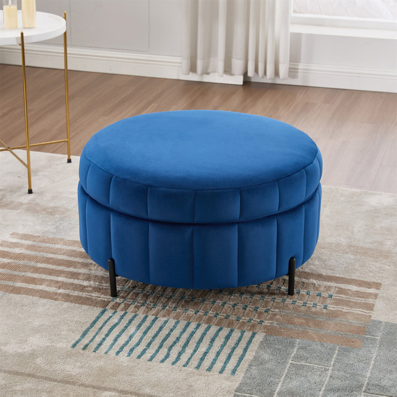 31.5"W Upholstered Round Ottoman With Reversible Lid, Velvet Storage Stool, Channel Tufted Pumpkin-Shape Footstool For Living Room, Bedroom And Office, Navy