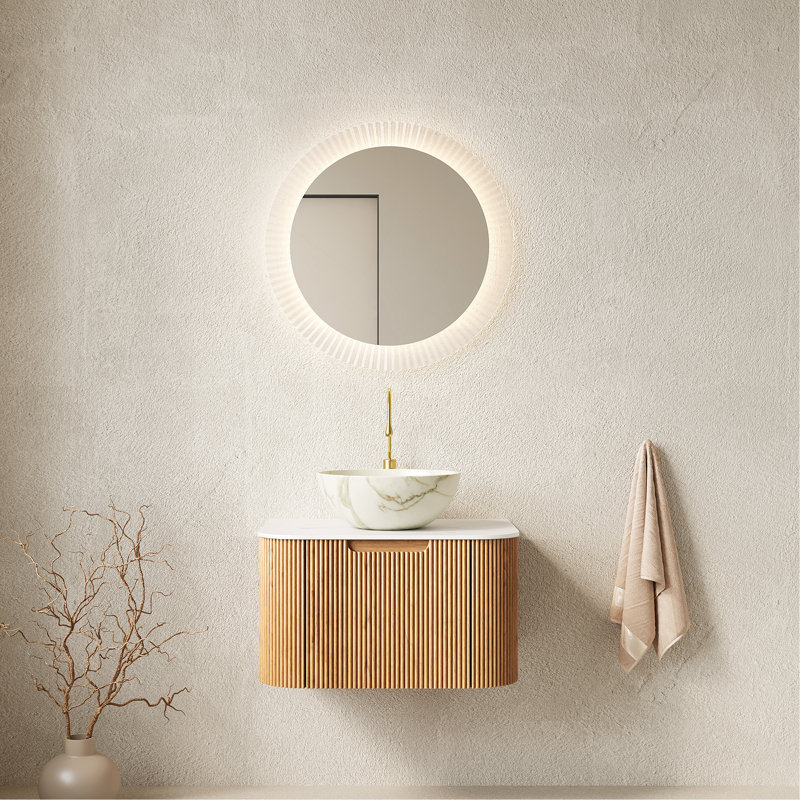 Meuble-lavabo 24 po, meuble-lavabo rayé à bords arrondis avec tiroir, cuve en céramique blanc mat et plateau en pierre frittée blanche, grain de bois naturel pré-assemblé