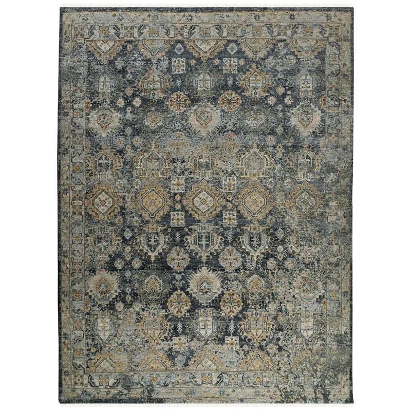 Oriental Handmade Hand-Knotted Area Rug in Blue/Gray, Rectangle 9' x 12'