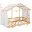 Un lit plateforme avec une structure en forme de maison, un ciel de lit transparent et des lumières scintillantes crée un refuge douillet pour les enfants.-136778004-136778007