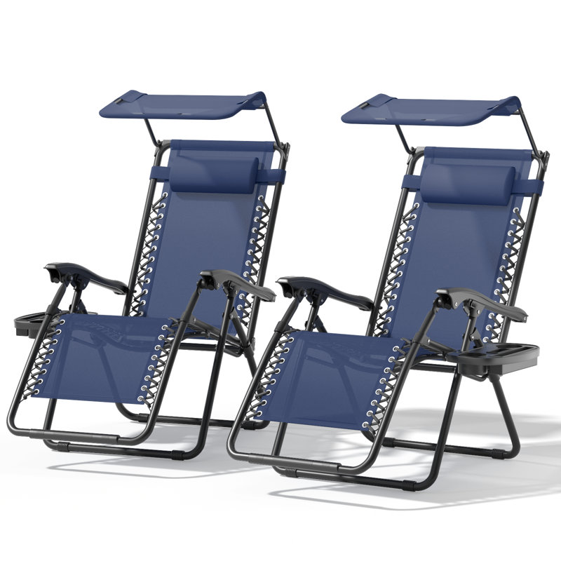 Set of 2 Zero Gravity Chairs, Folding Recliner Outdoor Lounge Chairs With Adjustable Sunshade and Cup Holder Tray, Navy