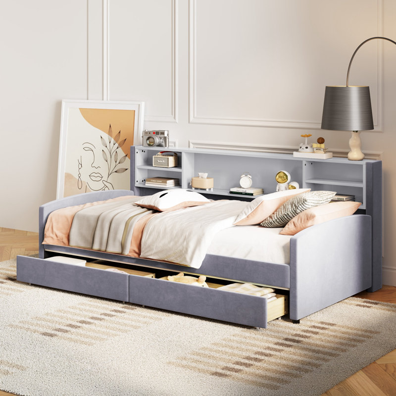 Lit plateforme simple tapissier avec rangement et tiroirs, Gris