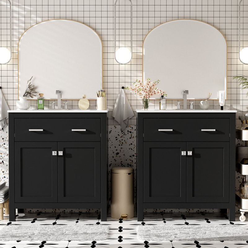 Ensemble de meuble-lavabo moderne avec lavabos doubles, lavabos doubles, tablette réglable, portes à fermeture en douceur et tiroir rabattable