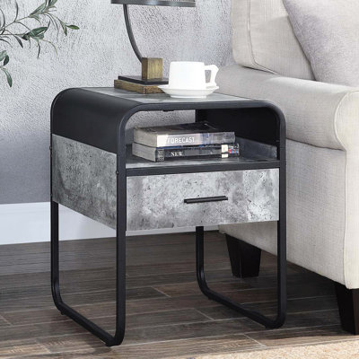 Table de bout carrée de style industriel, noir et gris béton, structure en métal, un tiroir avec 1/2 extension, compartiment ouvert, idéale pour les tables basses, gris noir, tiroir, glissière latérale, idéal