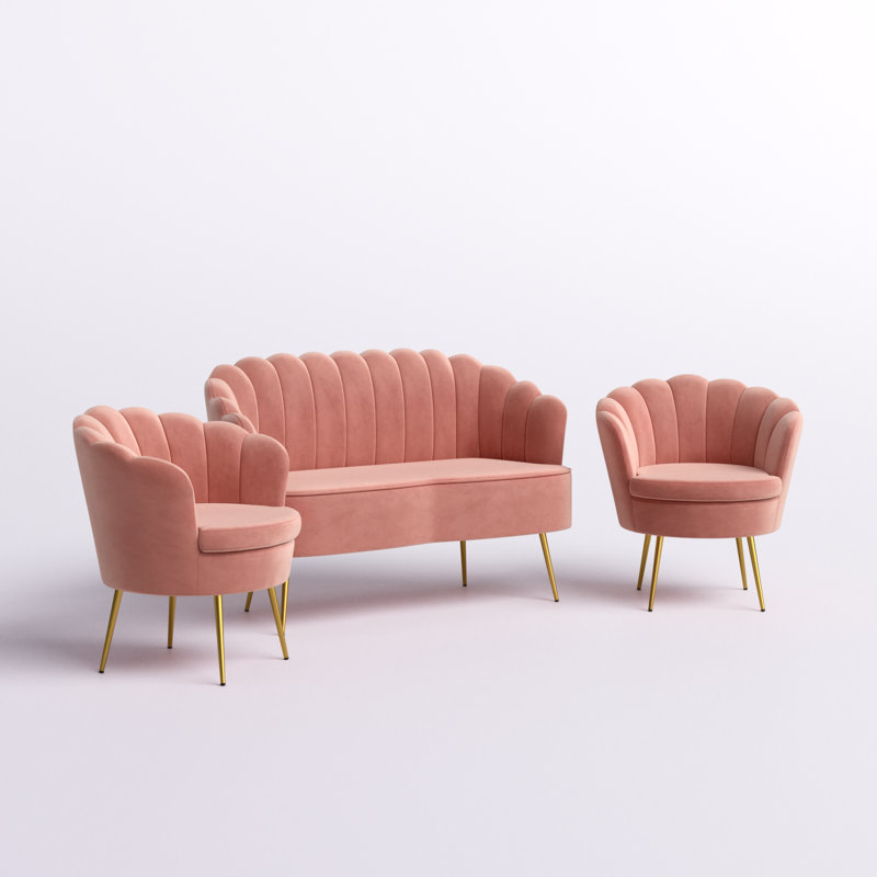 Hendrix Velvet Channel Tufted Living Room Set, Pink Velvet