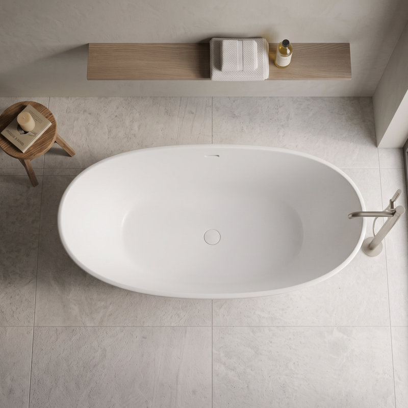 Baignoire de trempage autoportante ovale de 61 pouces à surface solide blanc mat, White