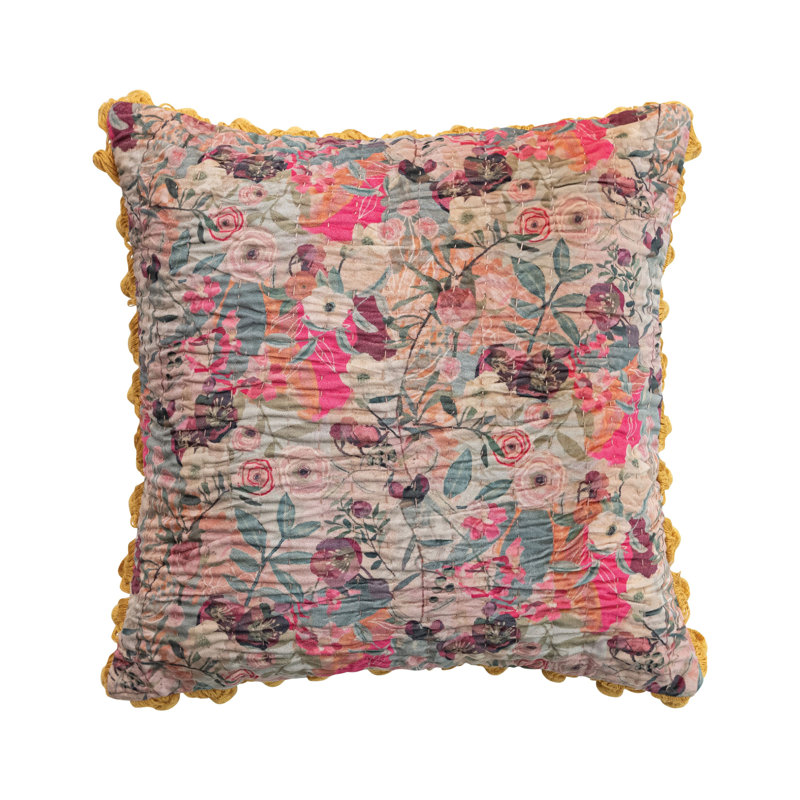 Oreiller carré imprimé avec coutures Kantha, pompons et dos en chambray
