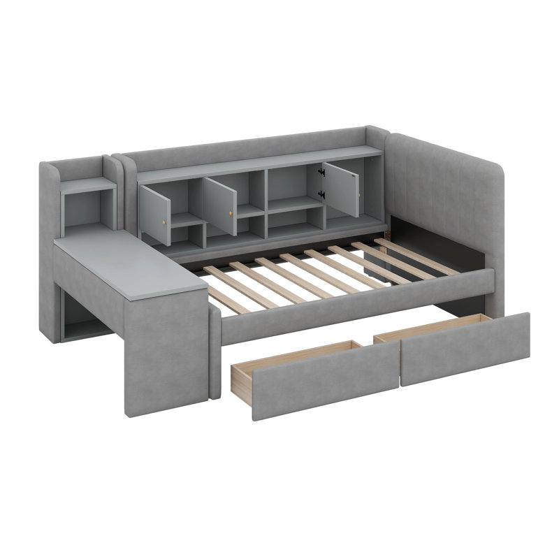 Lit de jour rembourré simple avec bureau et 2 tablettes intégrées, lit de jour en L avec tiroirs et bibliothèque, Gris