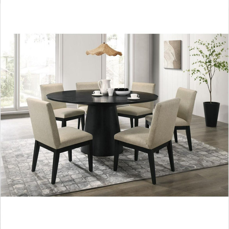 Ensemble de table de salle à manger 7 pièces avec chaises en tissu, Noir, Beige/noir, Noir