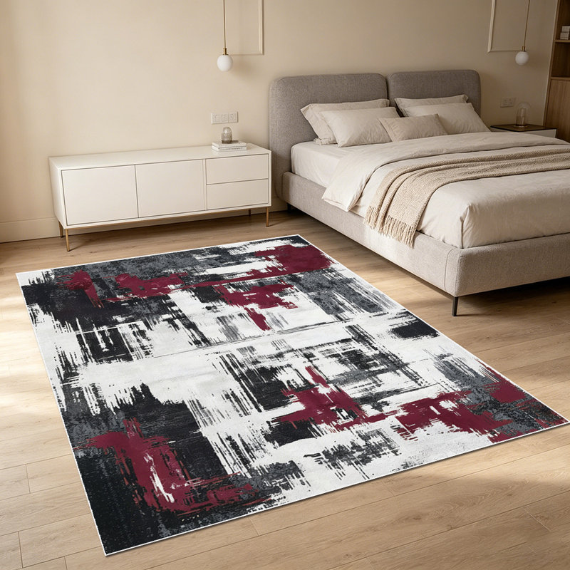 1PC Modern Abstract Distressed Brushstroke Burgundy Black and White area rugs for Living Room, Soft and Comfortable, easy-to-maintain, machine washable Indoor floor mat suitable for dining table area, bedroom, home office, entryway, kitchen, patio.