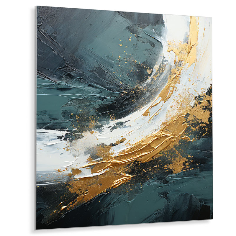 Or et vert abstrait cascade de marbre III - Art mural abstrait en métal, H 40 po x l 30 po x P 1,5 po
