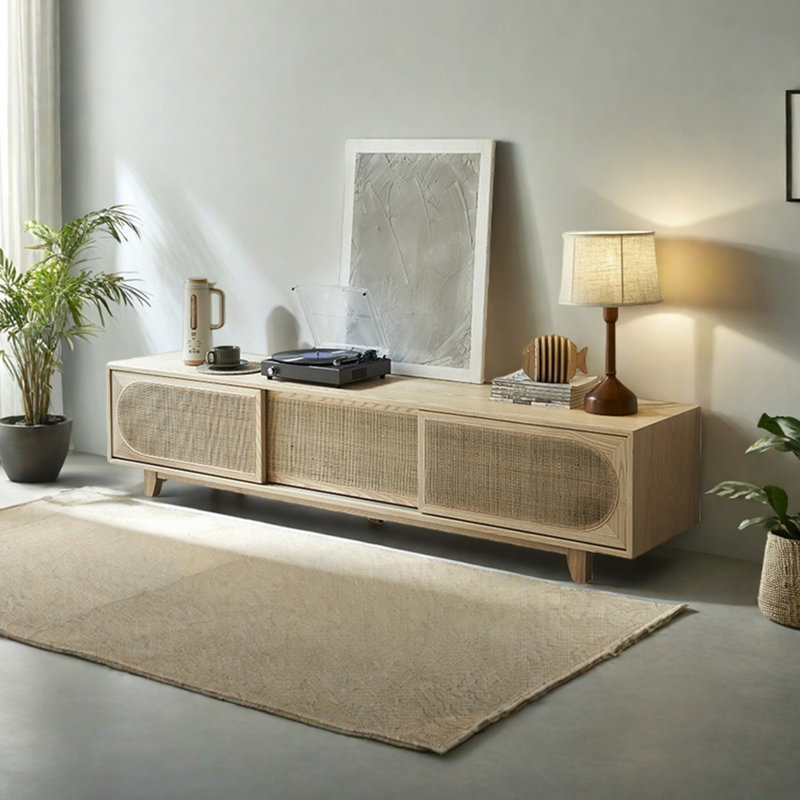 Modern Solid Wood TV Stand with Woven Rattan Doors