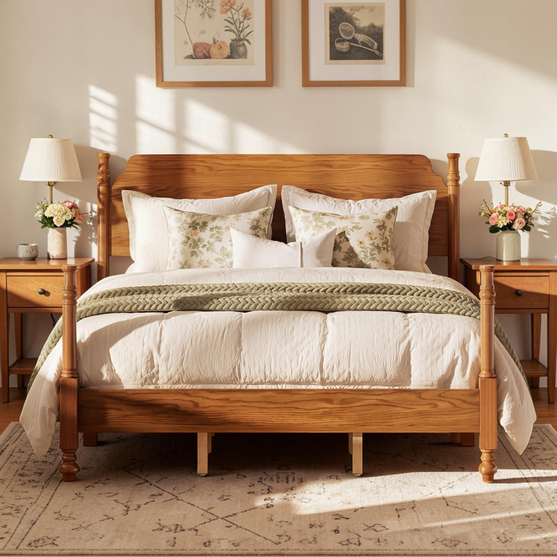 Wood Platform Bed Four Poster Bed, Queen, Light Walnut