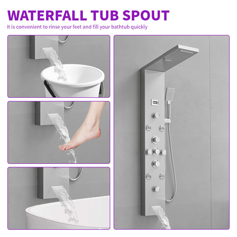 Nickel Chrome 8-Jet Rainfall Shower Panel System with Handheld Wand