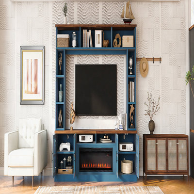 95.5" W Wall Unit Entertainment Center With Bookshelves For Tvs Up To 80", Modern TV Stand Media Console With Electric Fireplace Cabinets, And Adjustable Shelves For Living Room