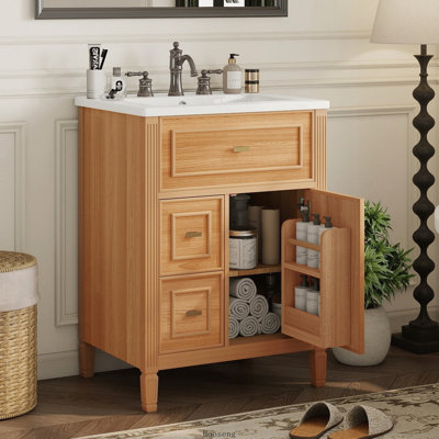 Meuble-lavabo autoportant de 24 po avec comptoir d'évier, armoire en bois massif et panneau de fibres à densité moyenne avec 1 tiroir rabattable et 2 tiroirs, tablette réglable, finition bois