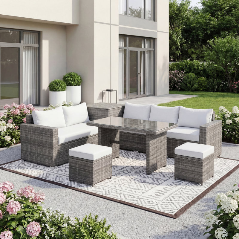 6-Piece All-Weather PE Rattan Patio Sectional Conversation Sofa Set with Adjustable Seats, Storage Box, Removable Covers & Tempered Glass Table