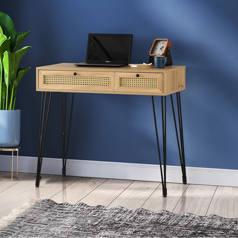Elegant Study Desk with 2 Drawers & Multiple Shelves, Oak & Black, 41.3 x 31.1 x 21.7 inches | 100% Melamine Coated Particle Board, Metal Legs, Wall-Mountable | Bohemian Industrial Design for Modern Workspaces