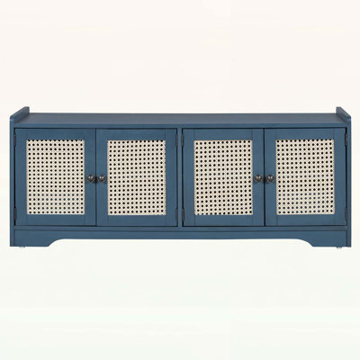 Storage Bench With Woven Rattan Doors & Adjustable Shelves For Entryway And Living Room