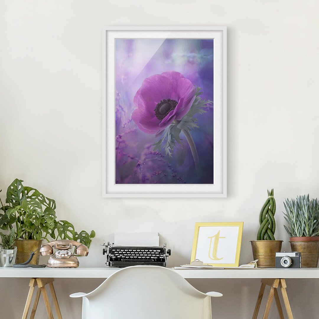 Gerahmtes Papierbild Anemonenblüte in Violett