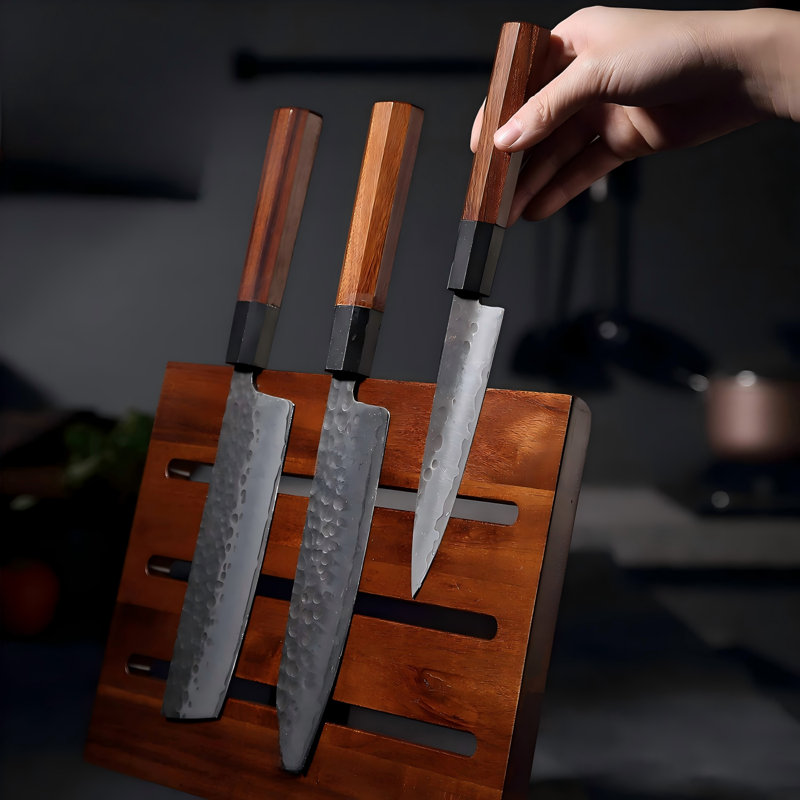 Porte-couteaux magnétique, support à couteaux en bois d'acacia, rangement magnétique à double face pour comptoir de cuisine