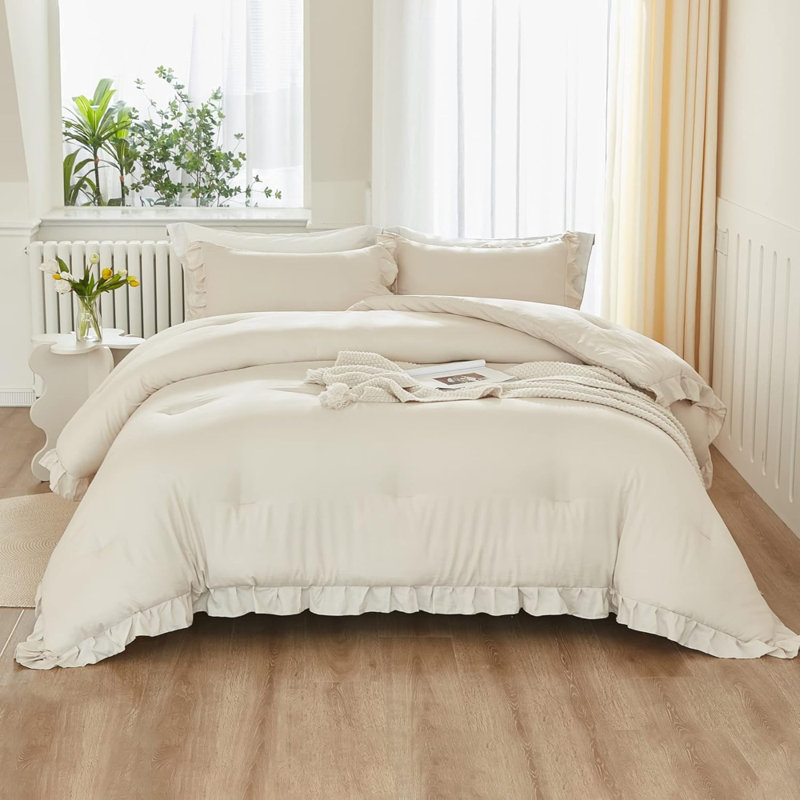 Ensemble d'édredon pour lit double beige, ensemble d'édredon léger à volants 3 pièces, ensemble de lit moelleux (édredon 79 x 90 po, 2 taies d'oreiller)