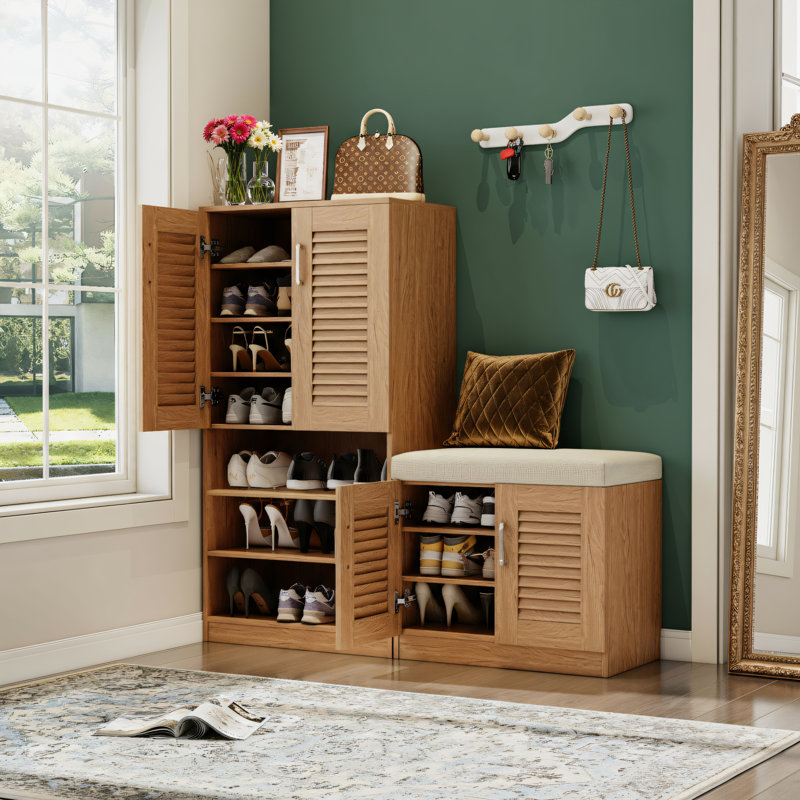 Oak Multi-functional Shoe Cabinet With A Padded Bench And 7+3 Storage Compartments, Adjustable Shelves, Suitable For Entryways, Mud Rooms, And Hallways. It's A Freestanding Shoe Rack In Brown.