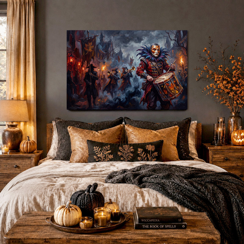 Tableau mural sur toile représentant un batteur masqué et des feuilles d'automne, idéal pour l'Halloween, H 32 po x l 48 po