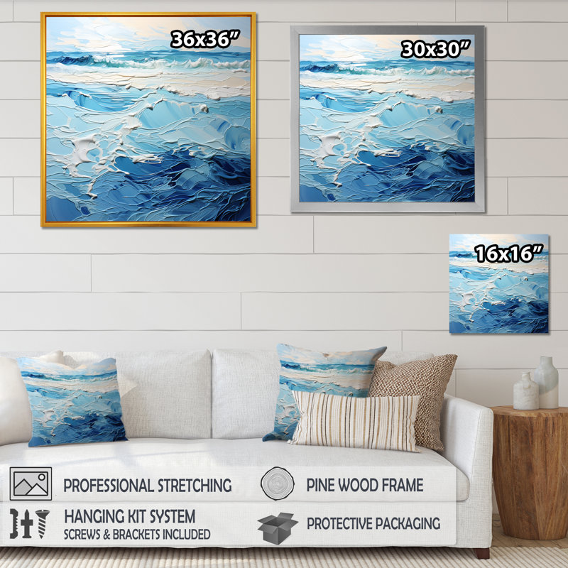 Bleu et blanc, vagues modernes de la côte II - art mural minimaliste côtier, Cadre flottant blanc, H 16 po x l 16 po