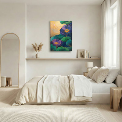 Fleur de lotus mauve avec des accents dorés et un fond abstrait, reproduction d'art sur toile tendue sur toile, ensemble de 1