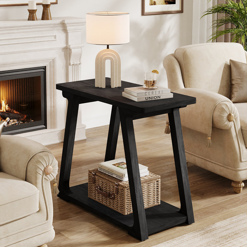 Narrow Side Table, Solid Wood End Table With 2-tier Storage (2 Pcs), 2, Brown