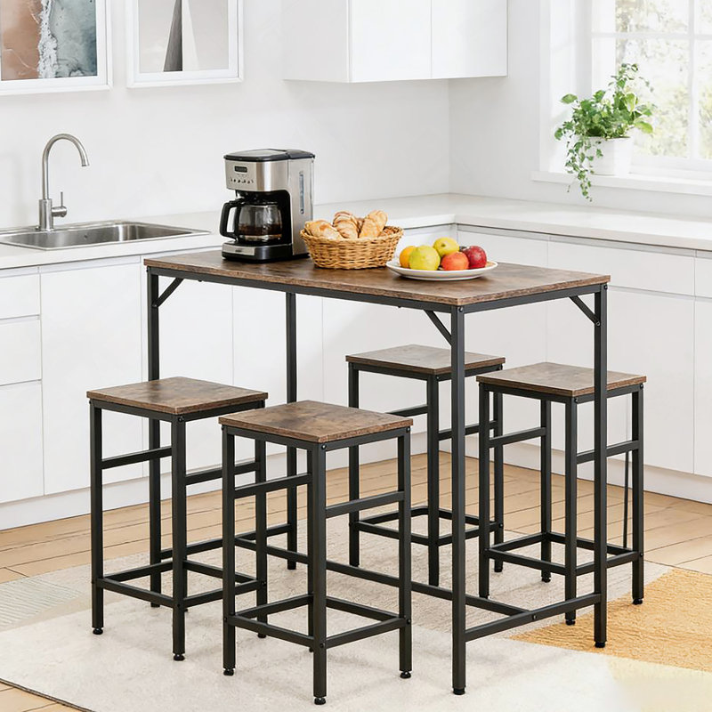 Ensemble de table de salle à manger 5 pièces, table et 4 tabourets pour la cuisine et le bar, Brun rustique