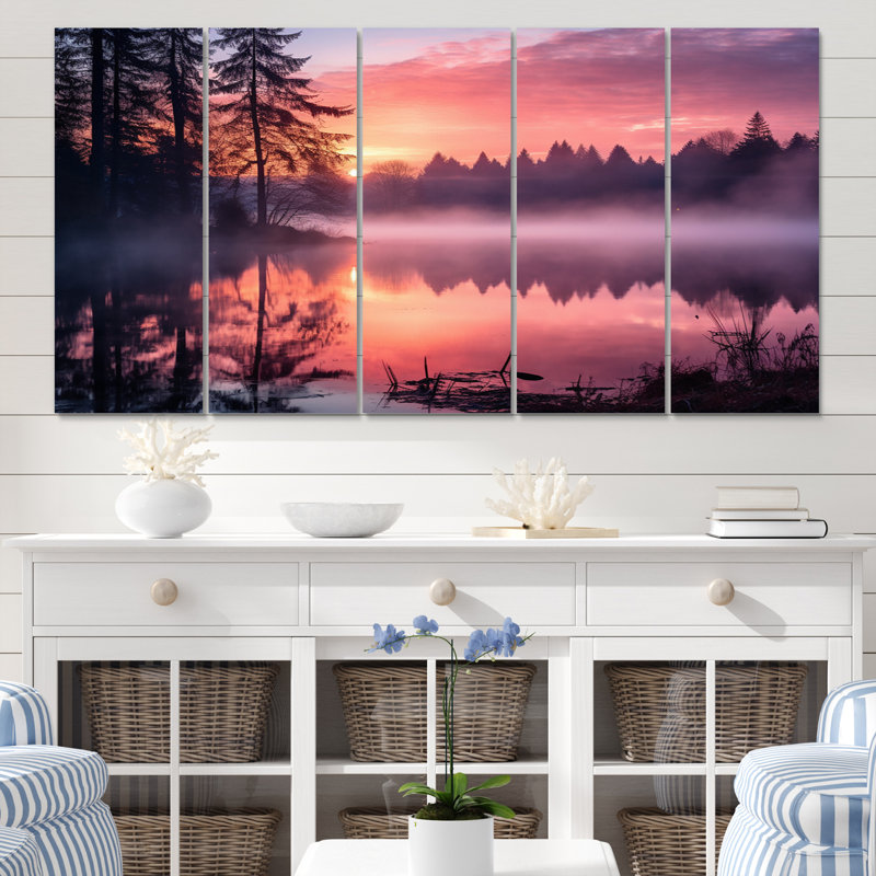 «Pastel Sunrise Misty Mountain Lake II», reproduction d'art murale - 5 panneaux égaux
