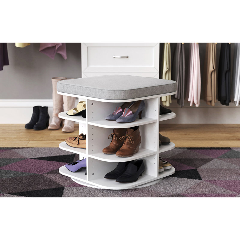 White Rotating Shoe Storage Bench with Gray Cushion