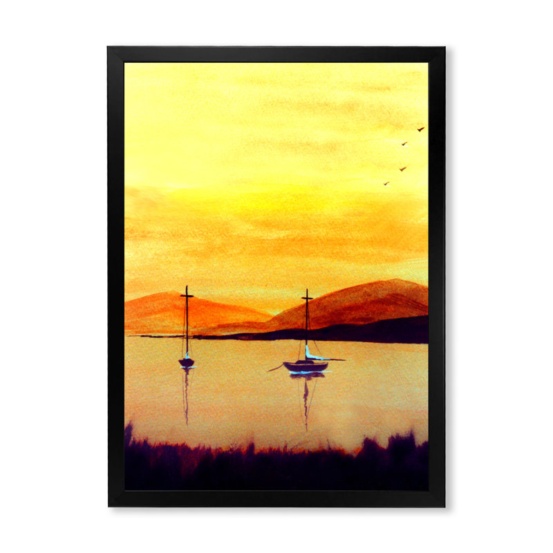 Bateaux dans un paysage côtier jaune et orange - Décoration murale traditionnelle sur toile, H 20 po x l 12 po x P 1 po