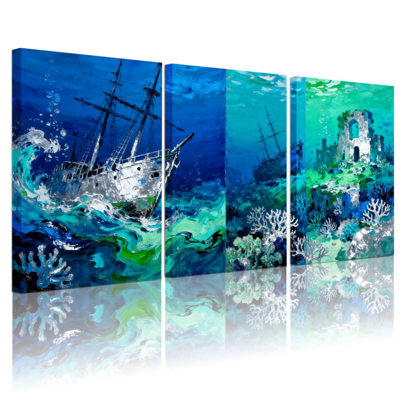 «Nautical & Beach Underwater Ship Wreck Coral Reef Scene», ensemble de 3 impressions sur toile, H 18 po x l 36 po