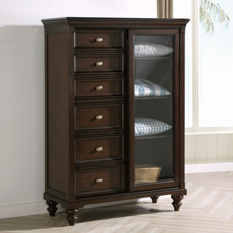 6 Wooden Drawers And 1 Glass Door Chest In Dark Oak