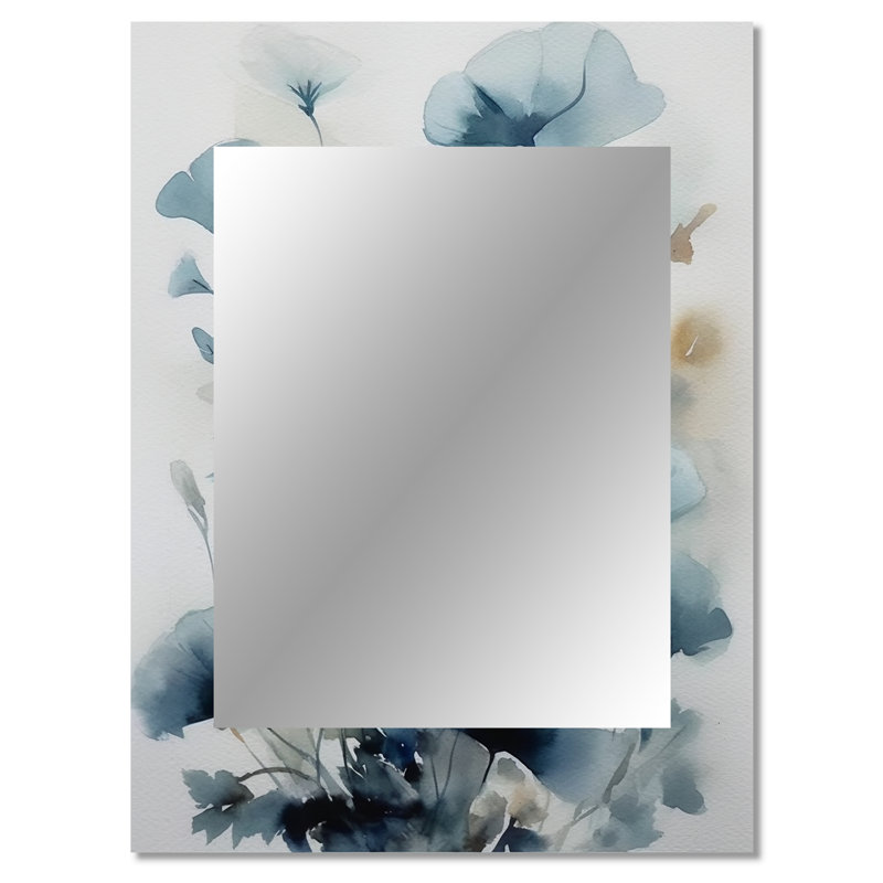 Blue Leaf Foliage And Flowers I - Leaves Decorative Mirror, Traditional Wall Mirror, Printed Metal Art, 40" x 30"