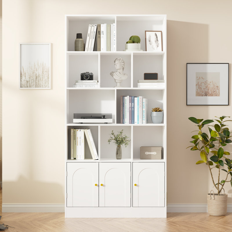 Bibliothèque de 71 pouces de hauteur avec 10 cubes et 3 portes, bibliothèque à 4 niveaux, bibliothèque ouverte avec armoire, rangement à cubes moderne pour le salon et le bureau, blanc