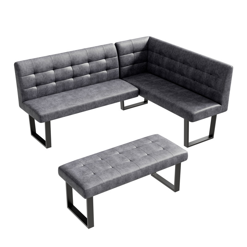 2 Piece Modern Dark Gray Faux Leather Corner Bench And Backless Bench With Tufted Upholstery And Metal Legs