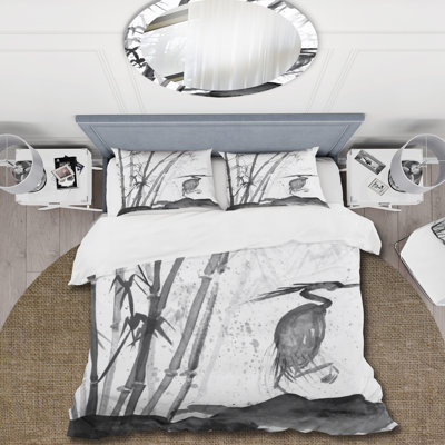 Héron monochrome et bambou - ensemble de housse de couette traditionnel - microfibre de polyester