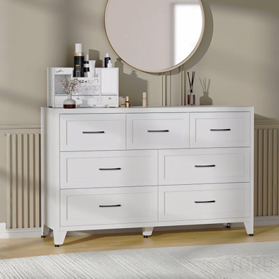 7-Drawer Dresser, Wide Low-Profile Storage Cabinet, White Metal Chest Of Drawers For Bedroom, Living Room & Entryway