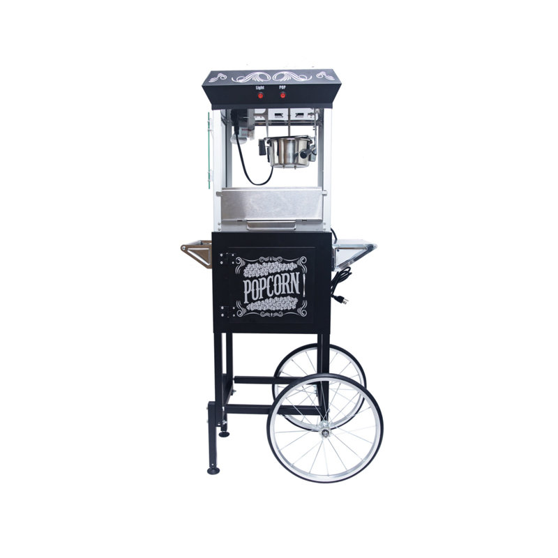 Machine à maïs soufflé avec chariot 8 oz avec bouilloire en acier inoxydable, plaque chauffante chauffante et tiroir, Noir